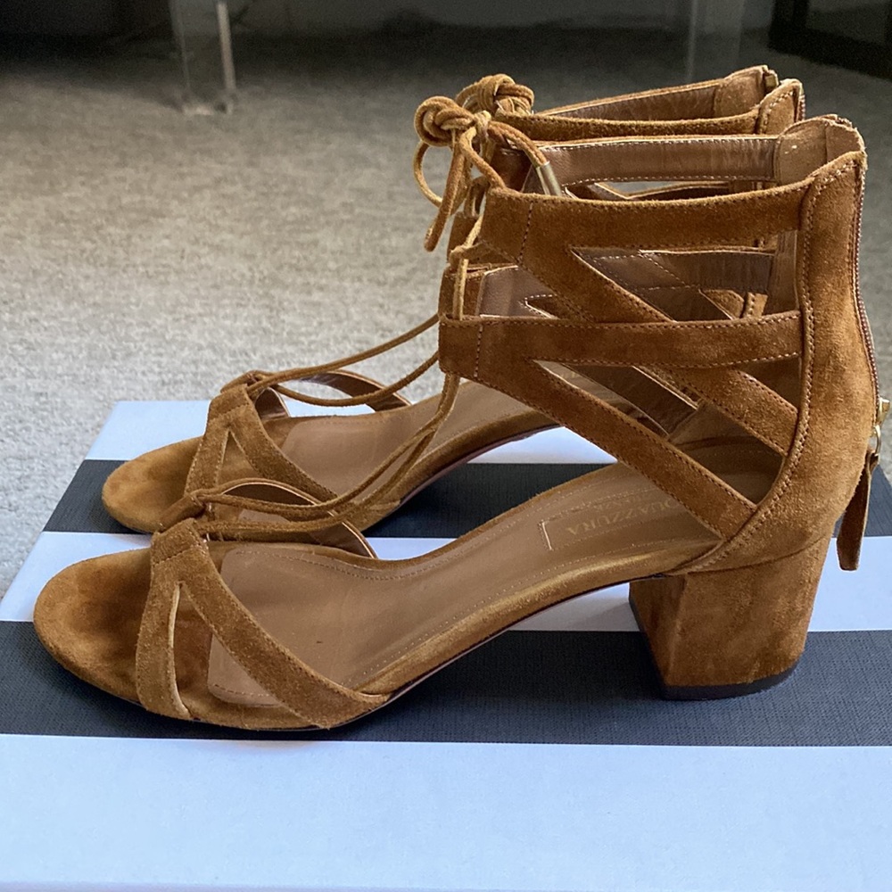 Aquazzura Firenze Beverly Hills 50 Cognac Suede Heeled Sandals size 38 /8 US